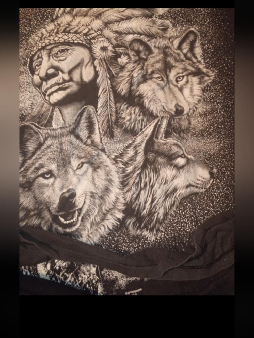 Black Short Sleeve Graphic Tee with Wolf & Native Chief Print
